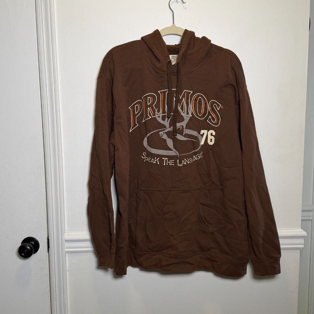 Primos Hunting Hoodie Brown Pullover Graphic Logo Deer XL Fleece Sweatshirt